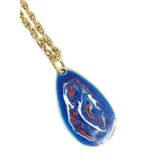 Vintage Jewelry - VINTAGE Jewelry- Abstract  Blue Red Teardrop Painted Pendant Necklace
